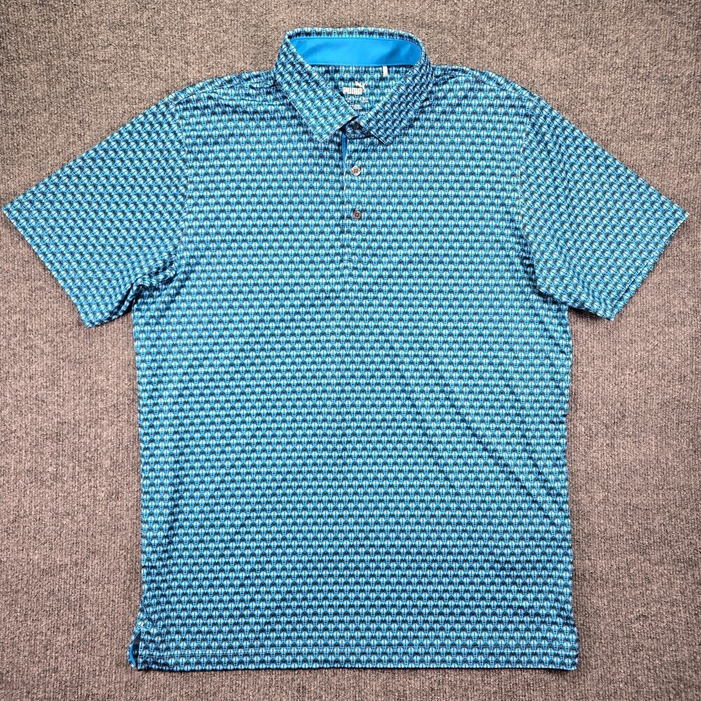 Puma Polo Shirt Mens Medium Aqua Blue Black Palm Tree Golf Stretch Performance
